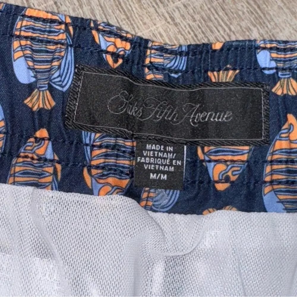 SAKS FIFTH AVENUE Men's Navy Blue Orange Fish Patterned Swim Shorts Trunks